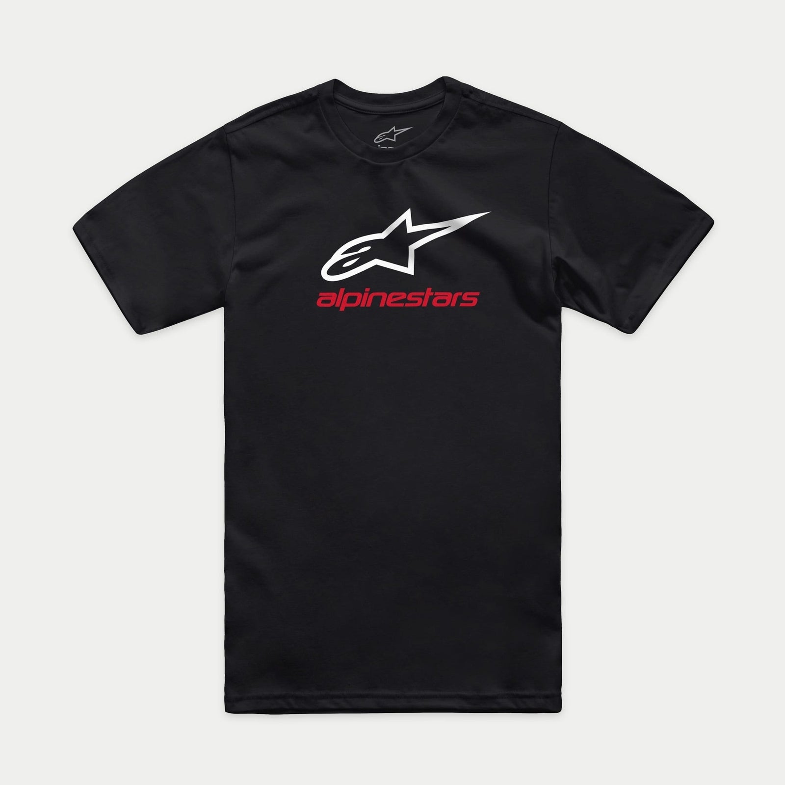 Alpinestars Always 2.0 CSF Tee, Short Sleeve T-Shirt, Black, White Star Logo with Red Alpinestars Text, Casual Motorsport Streetwear