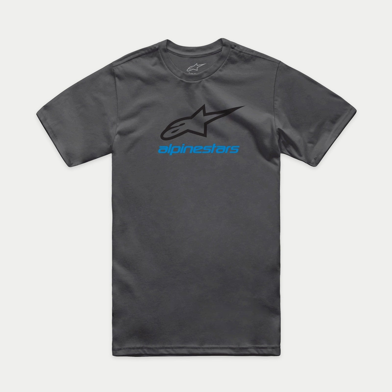 Alpinestars Always 2.0 CSF Tee, Short Sleeve T-Shirt, Charcoal Black Blue, Black Alpinestars Logo with Blue Text, Casual Motorsport Sportswear