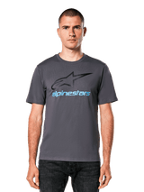 Alpinestars Always 2.0 CSF T-Shirt, charcoal gray casual motorsport tee with black star logo and blue text on a man.