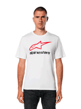 Alpinestars Always 2.0 CSF Tee, White Short-Sleeve T-Shirt, featuring a Red Star Logo and Black Alpinestars Text, Men's Casual Sportswear, worn by model