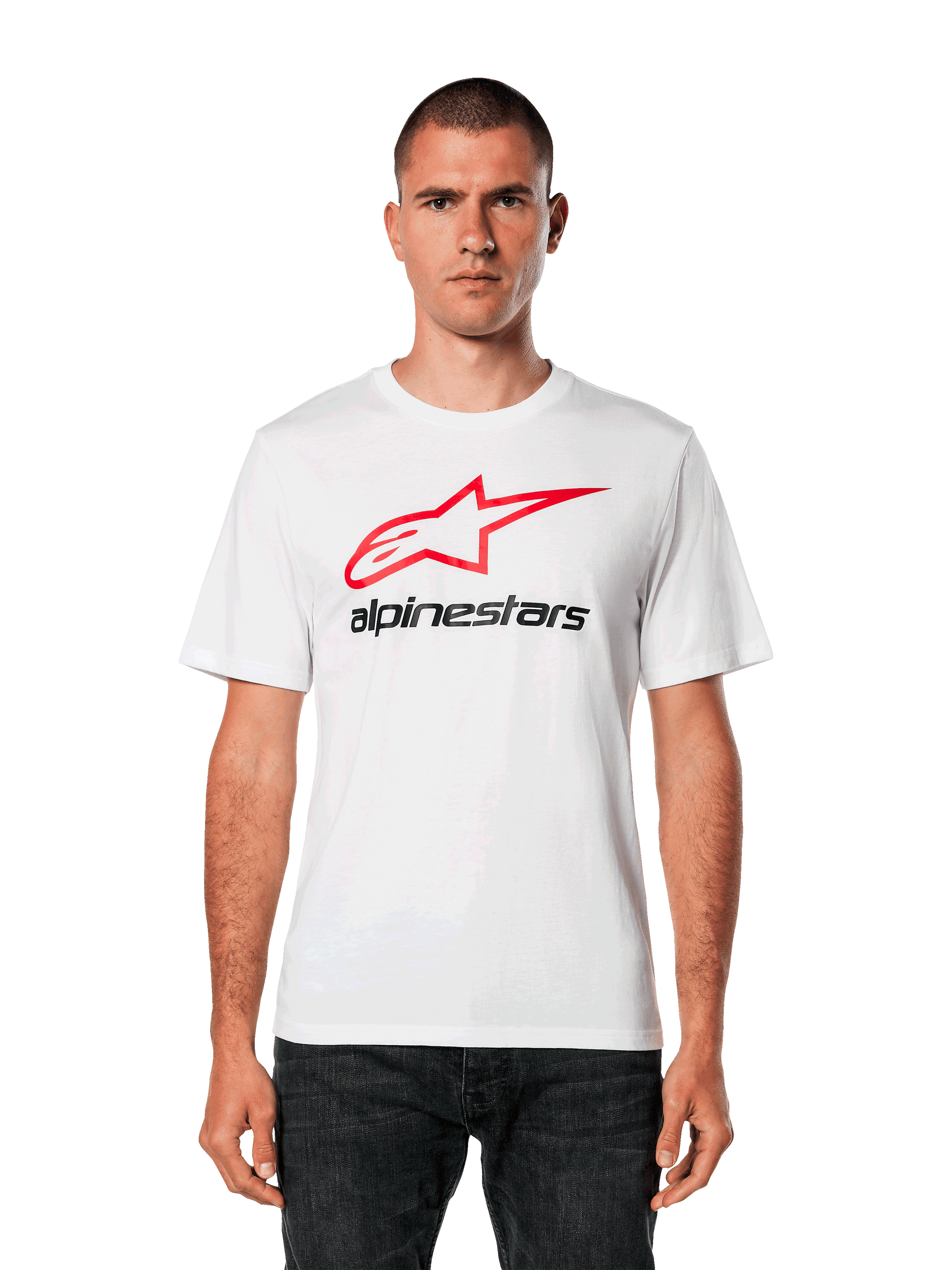 Alpinestars Always 2.0 CSF Tee, White Short-Sleeve T-Shirt, featuring a Red Star Logo and Black Alpinestars Text, Men's Casual Sportswear, worn by model