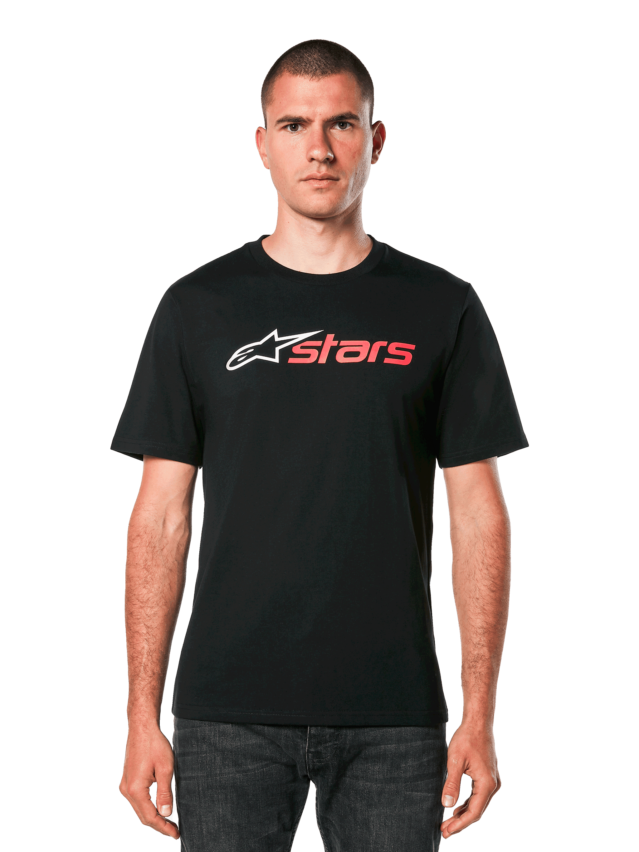 Alpinestars Blaze 2.0 CSF Tee, Black Short Sleeve T-Shirt, White and Red logo on chest, worn by male model with dark jeans, Casual Motorsport Sportswear