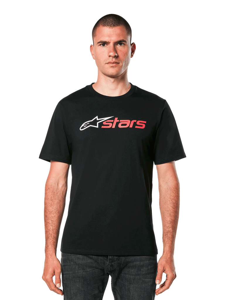 Alpinestars Blaze 2.0 CSF Tee, Black Short Sleeve T-Shirt, White and Red logo on chest, worn by male model with dark jeans, Casual Motorsport Sportswear
