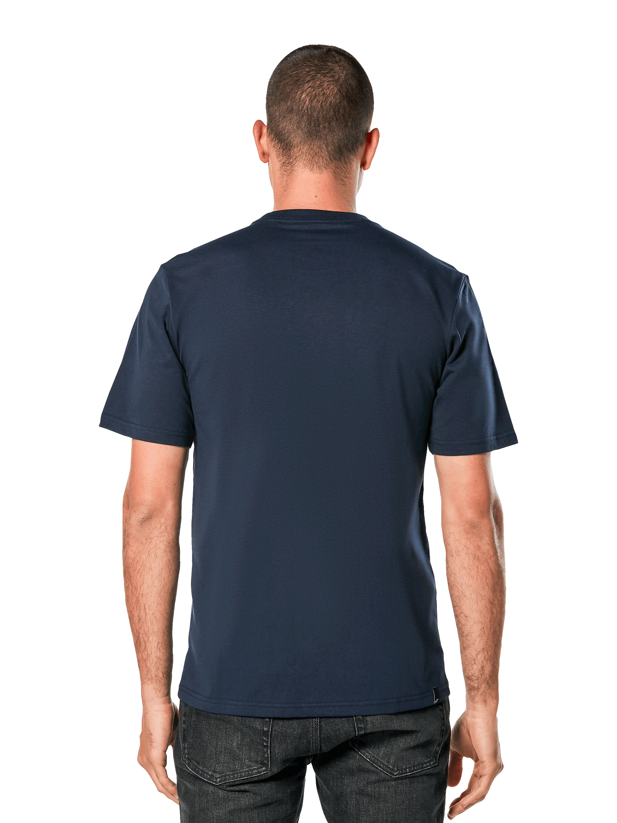Alpinestars Blaze 2.0 CSF Tee, Short Sleeve T-Shirt, Navy, back view on model, casual motorsport-inspired streetwear