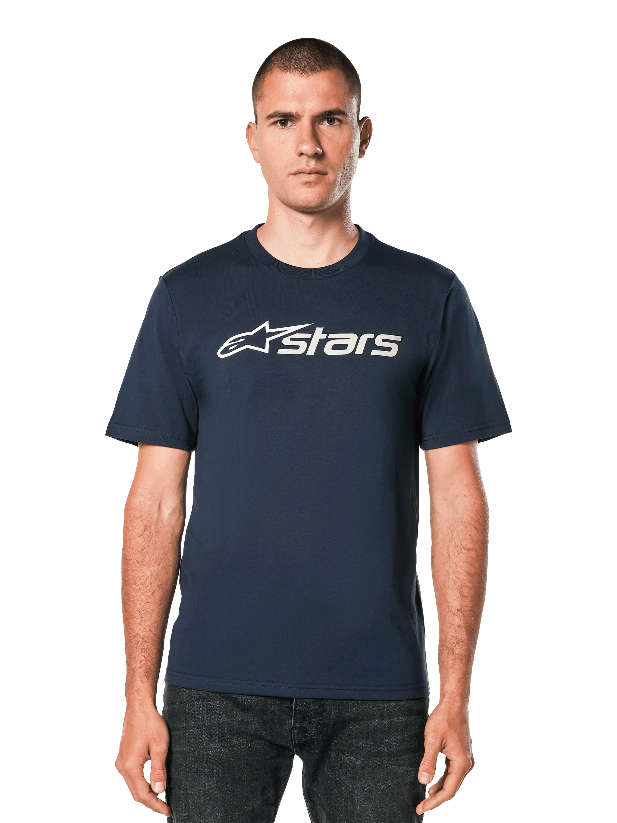 Alpinestars Blaze 2.0 CSF Tee, Navy Blue Short Sleeve T-Shirt with White Astars Logo Graphic, worn by a man with dark jeans, Casual Motorsport Lifestyle Apparel