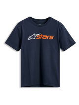 Alpinestars Blaze 2.0 CSF Tee, Short Sleeve T-Shirt, Navy Blue, White Alpinestars logo and orange 'stars' graphic on the chest, Casual Motorsport Sportswear