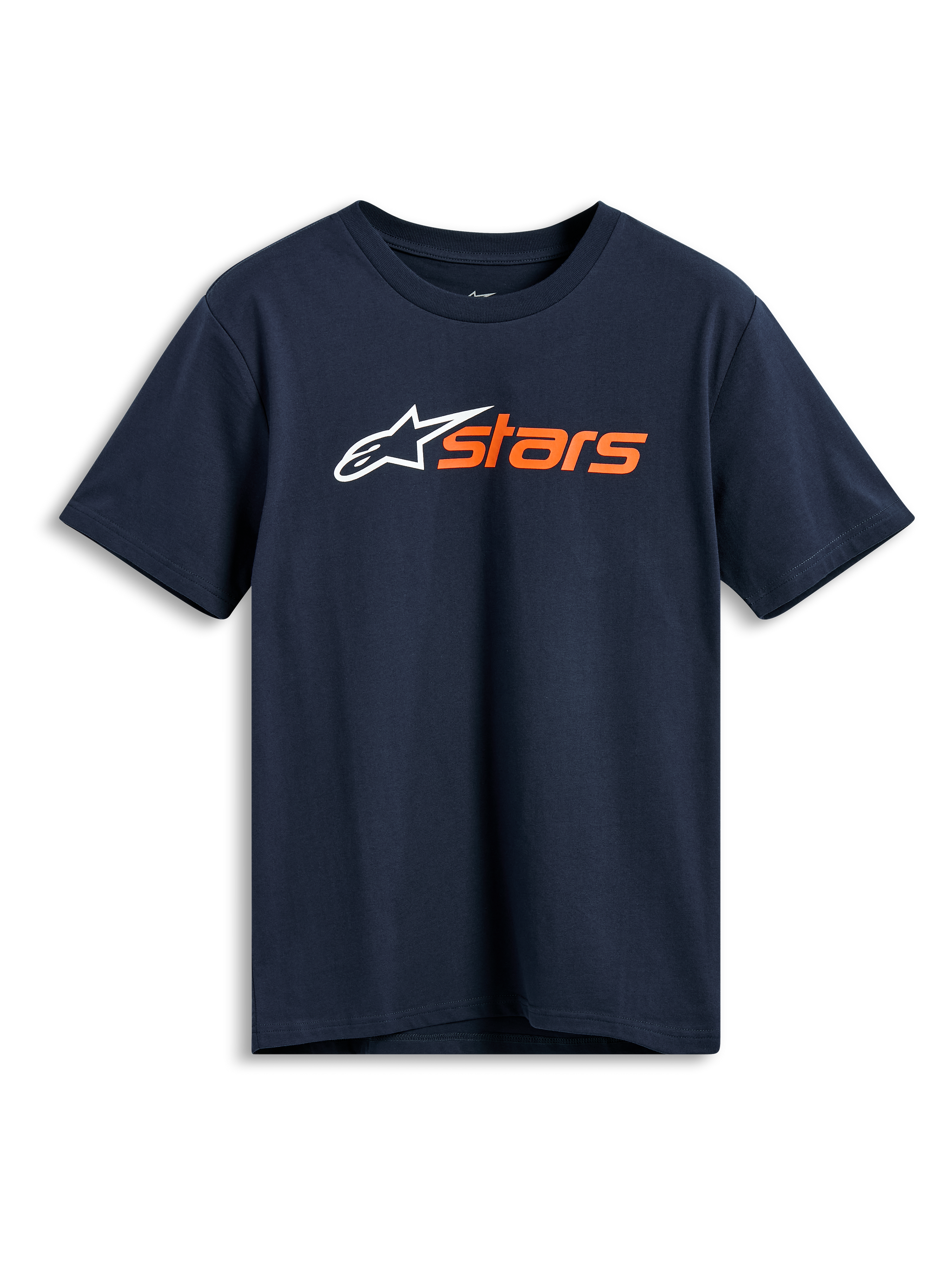 Alpinestars Blaze 2.0 CSF Tee, Short Sleeve T-Shirt, Navy Blue, White Alpinestars logo and orange 'stars' graphic on the chest, Casual Motorsport Sportswear