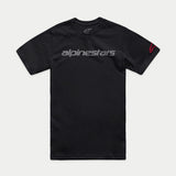 Alpinestars Linear Wordmark 2.0 CSF Tee, Short Sleeve T-Shirt, Black, Grey Wordmark on front and Red Ageless logo on sleeve, Casual Sportswear