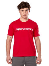Alpinestars Linear Wordmark 2.0 CSF Tee, Short Sleeve T-Shirt, Red, White linear wordmark on chest and Ageless logo on sleeve, worn by male model with gray sweatpants, casual motorsport-inspired streetwear
