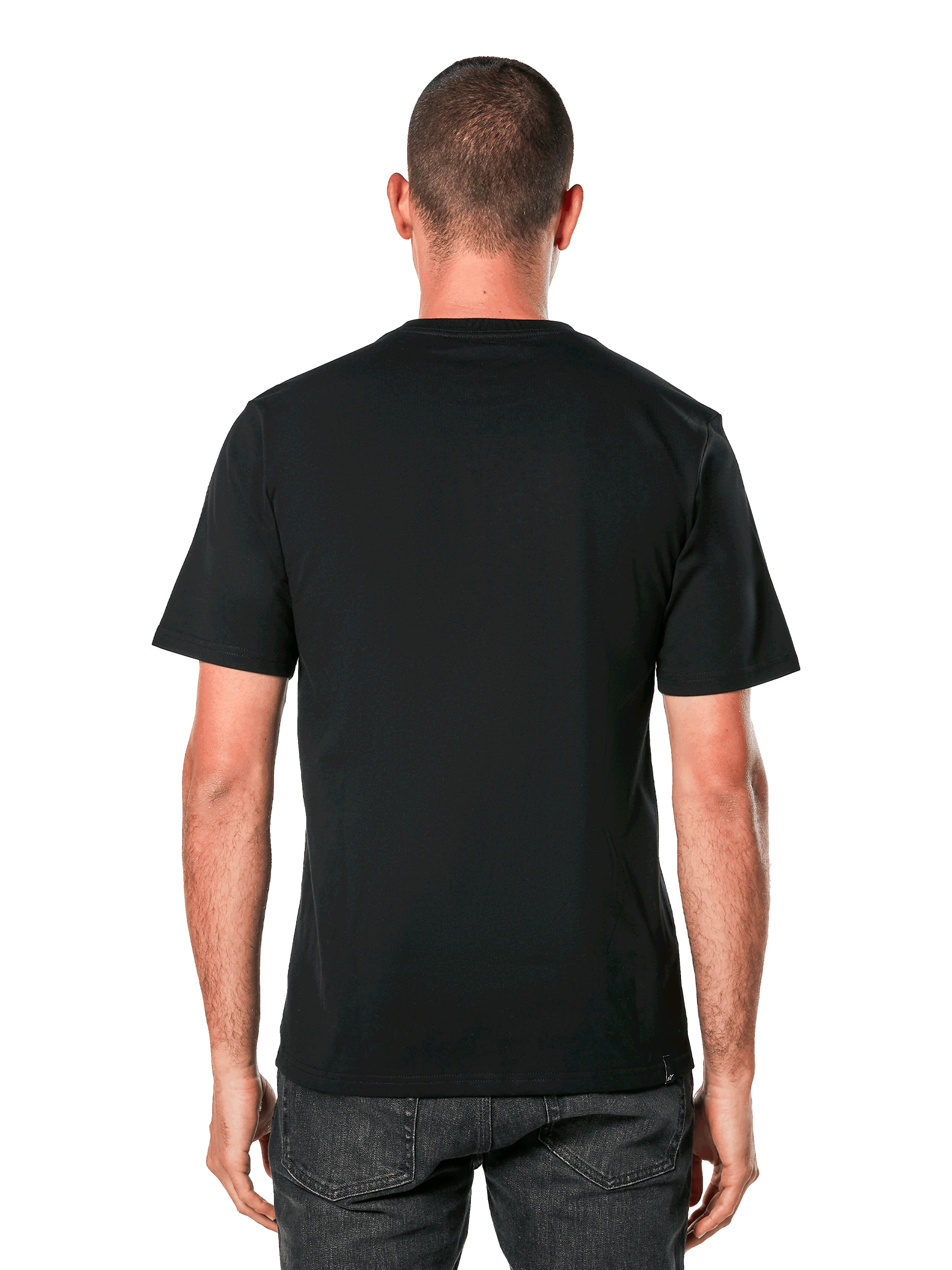 Alpinestars Ride 4.0 CSF Tee, back view, black short sleeve t-shirt, casual motorsport-inspired sportswear, worn by man with dark jeans