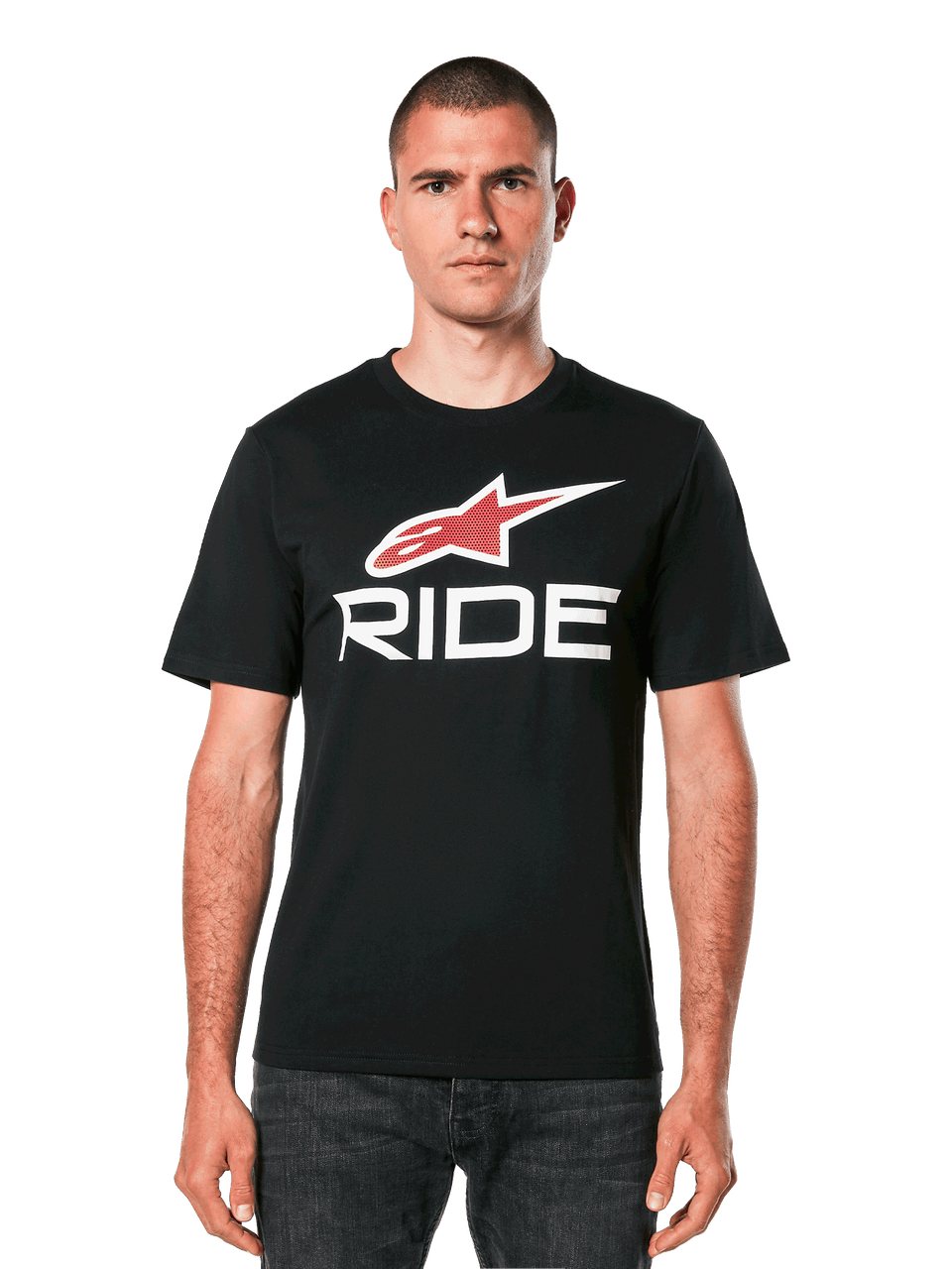 Alpinestars Ride 4.0 CSF Tee, Black Short Sleeve T-Shirt with Red Star Logo and White RIDE Text Graphic, Men's Casual Motorsport Apparel