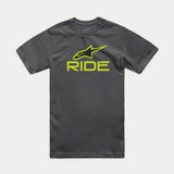 Alpinestars Ride 4.0 CSF Tee, Short Sleeve T-Shirt, Charcoal, Lime Green and Black Astars Logo with RIDE Text, Casual Motorsport Sportswear