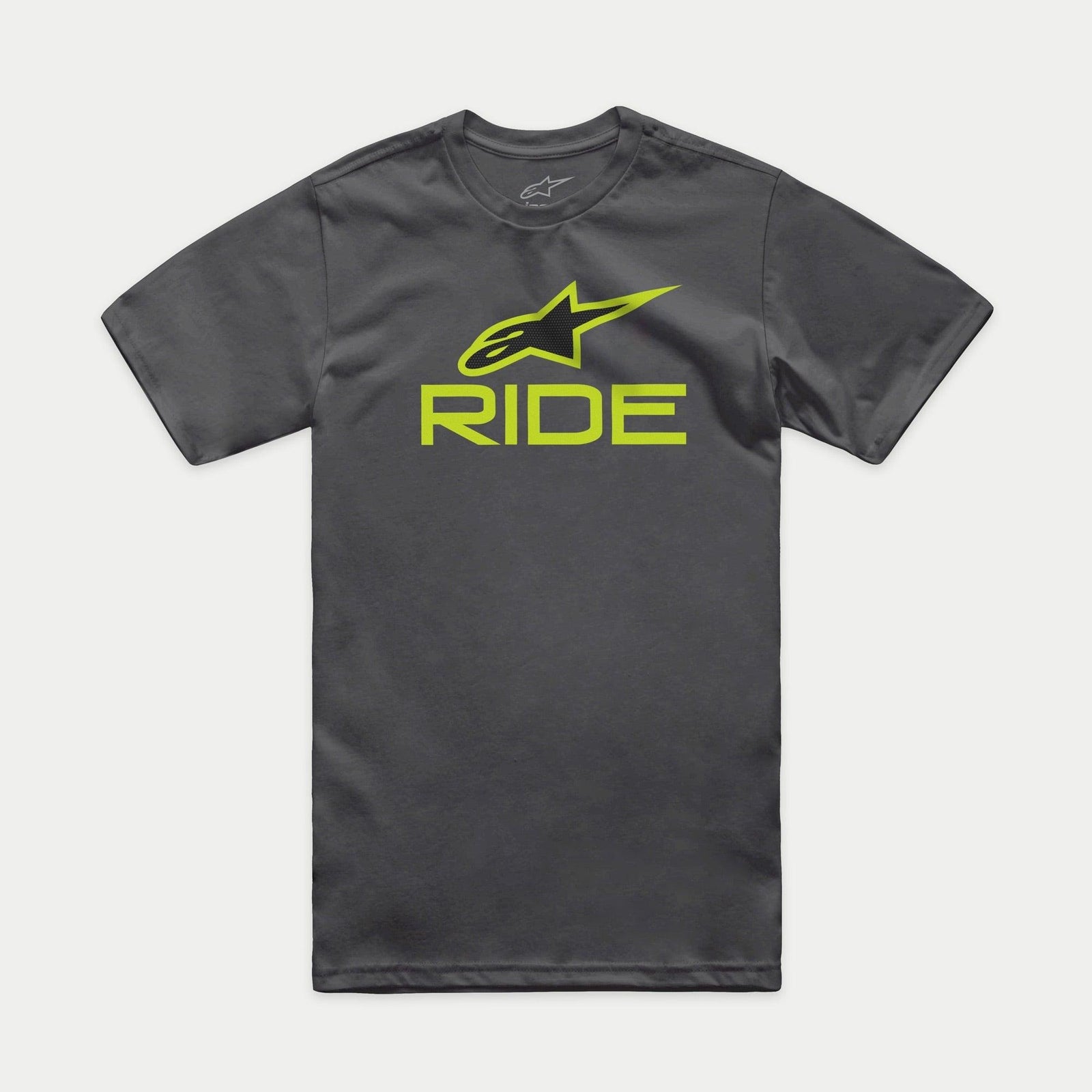 Alpinestars Ride 4.0 CSF Tee, Short Sleeve T-Shirt, Charcoal, Lime Green and Black Astars Logo with RIDE Text, Casual Motorsport Sportswear