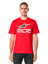 Alpinestars Ride 4.0 CSF Tee, Red short-sleeve t-shirt, white Alpinestars star logo and "RIDE" graphic on chest, front view on model, casual motorsport apparel