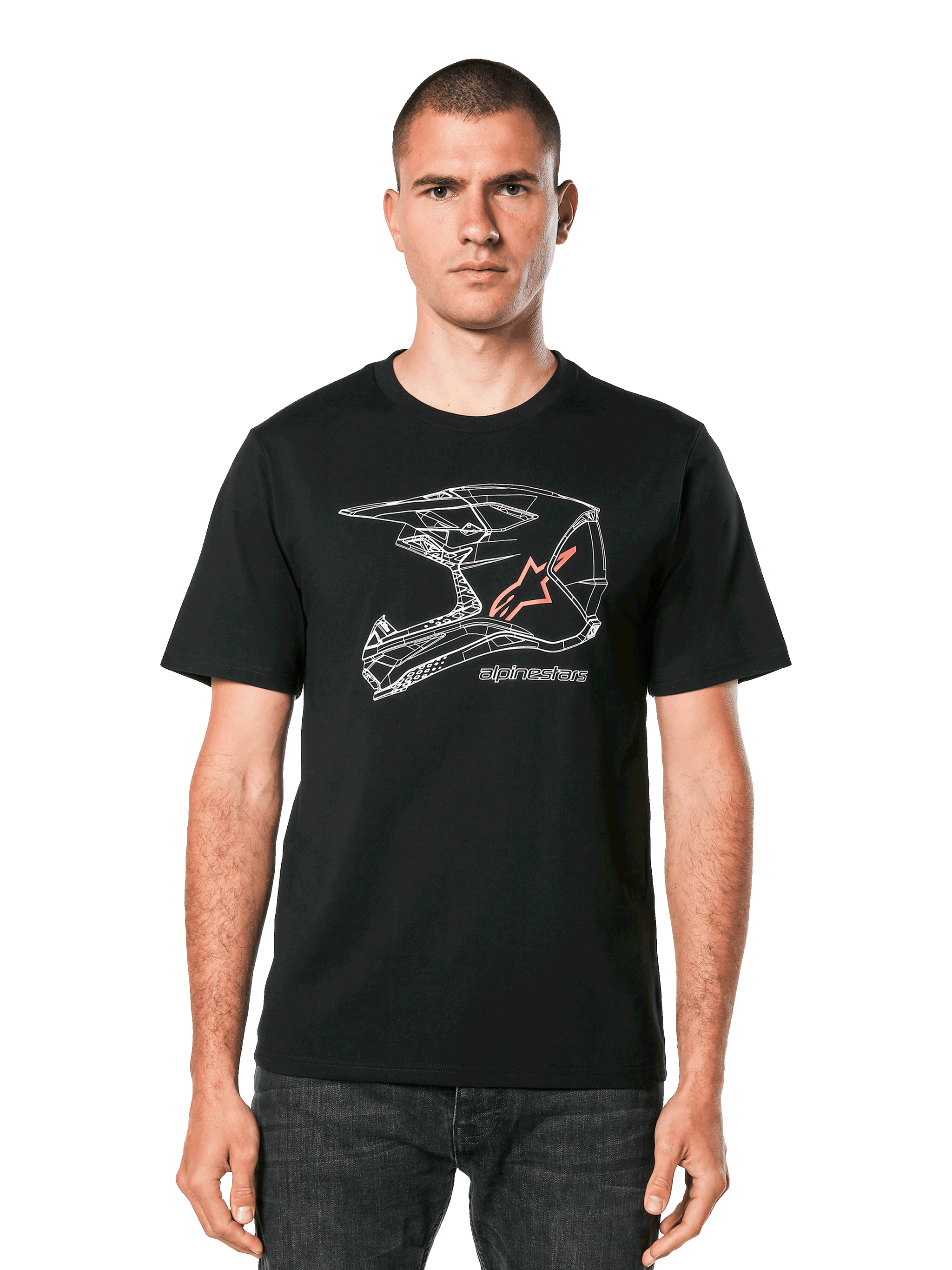 Alpinestars MX Helmet CSF Tee, Short Sleeve T-Shirt, Black, White geometric motocross helmet graphic with orange star logo, casual motorsport streetwear