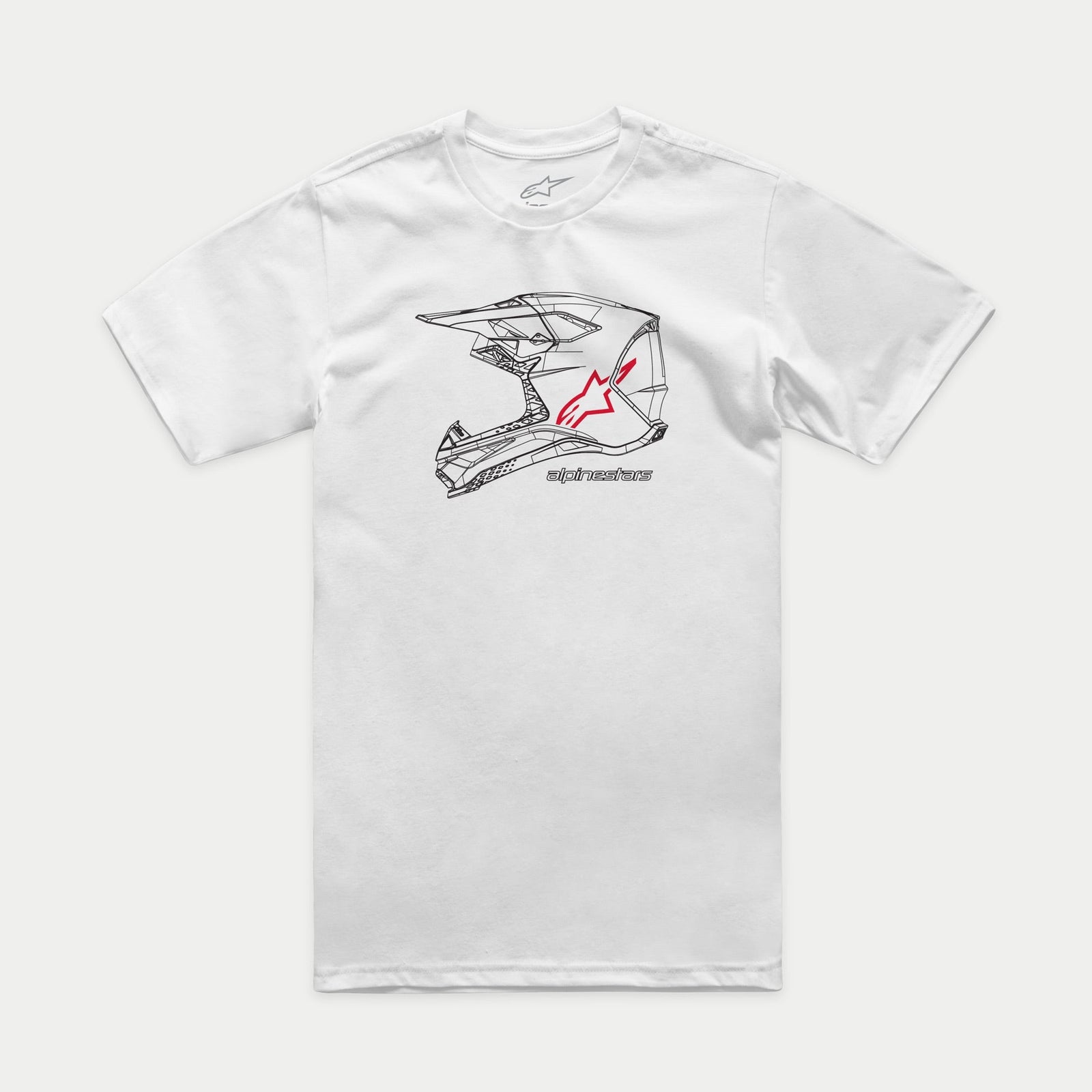 Alpinestars MX Helmet CSF Tee, Short Sleeve T-Shirt, White, Front Black Motocross Helmet Graphic with Red Star Logo and Alpinestars Wordmark, Casual Motorsport-Inspired Sportswear