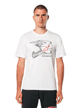 Alpinestars MX Helmet CSF Tee, White Short Sleeve T-Shirt, black wireframe motocross helmet graphic with red star logo, casual motorsport-inspired streetwear, worn by a model