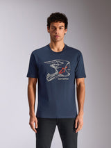 Alpinestars MX Helmet CSF Tee, Short Sleeve T-Shirt, Navy Blue, featuring a white wireframe motocross helmet graphic with a red star logo, casual motorsport-inspired streetwear