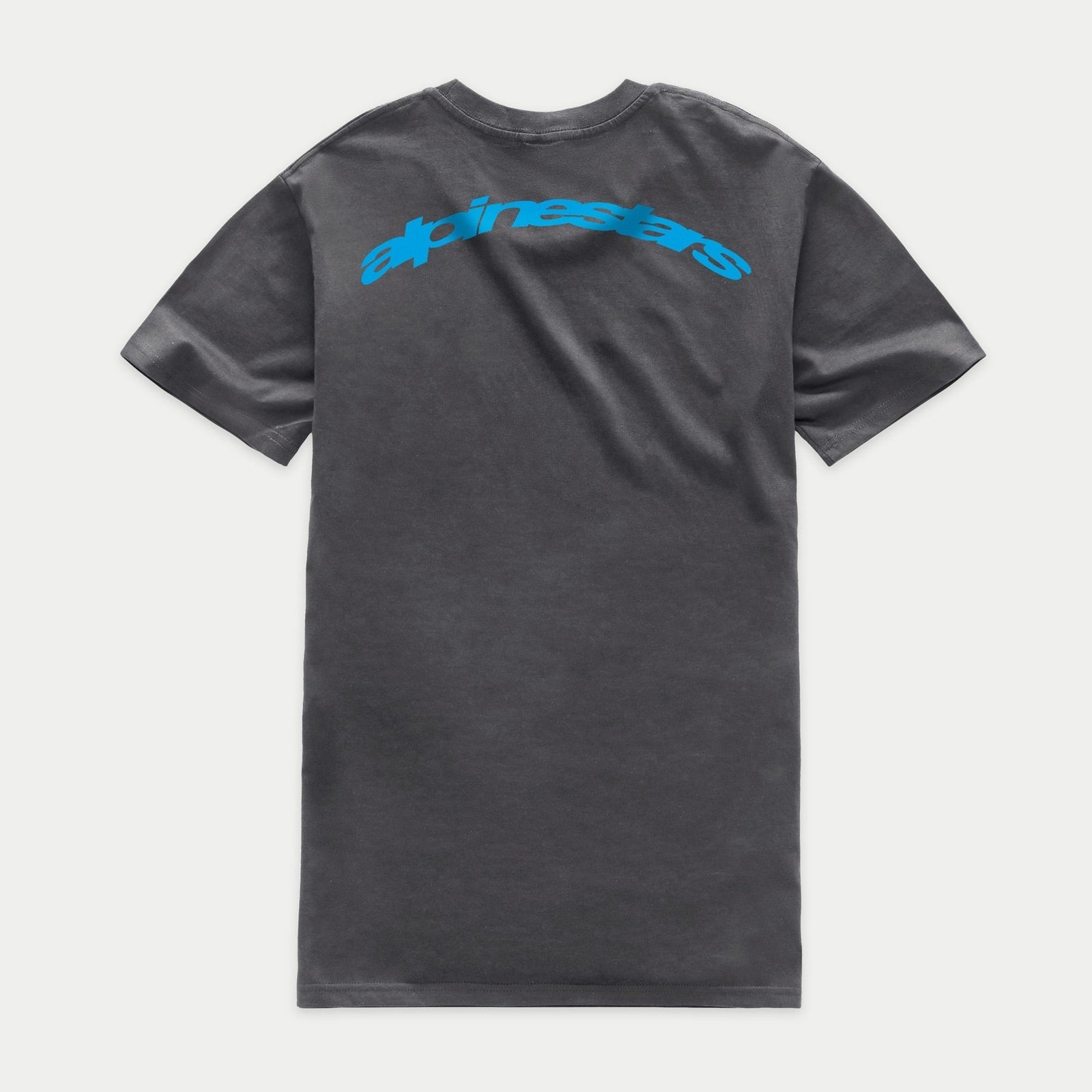 Alpinestars Horizon CSF Tee, Short Sleeve T-Shirt, Charcoal Gray, back view with blue arc Alpinestars wordmark across the shoulders, casual sportswear