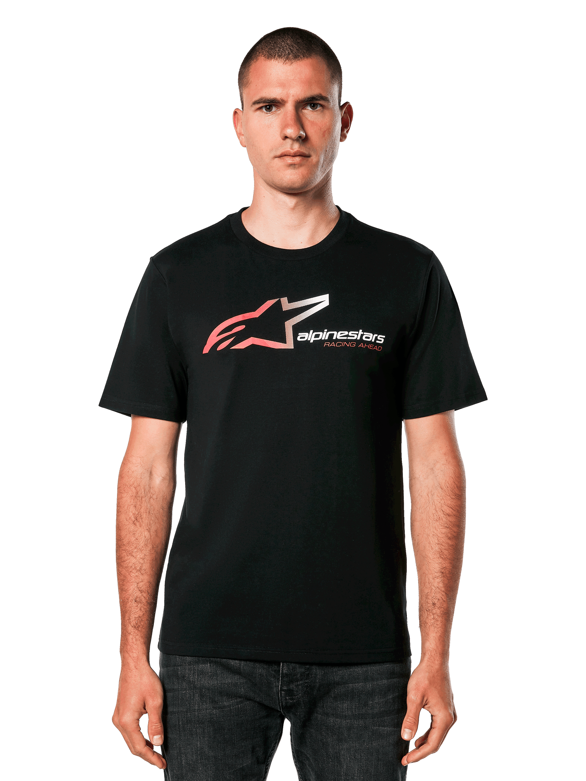 Alpinestars SPS CSF Tee, Black T-shirt with Red and White Racing Ahead Logo, Short-Sleeved Casual Motorsports Apparel