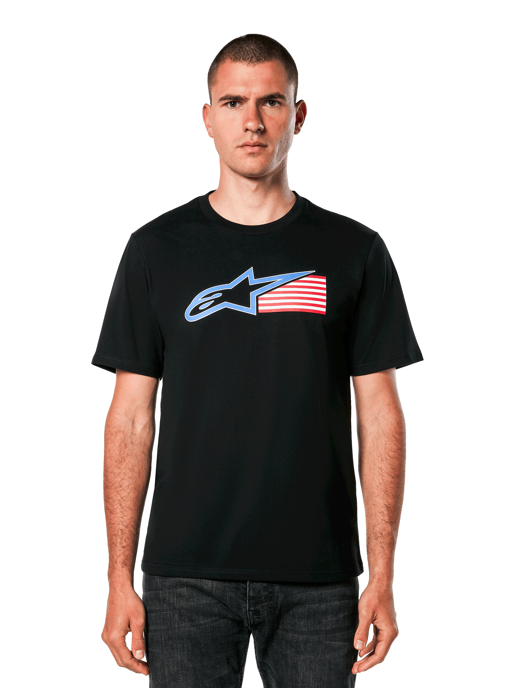 Alpinestars Racing USA CSF Tee, Black T-shirt with Blue, White and Red Logo, Motorsports Casual Wear, Cotton Graphic Tee with American Flag-Inspired Star Design