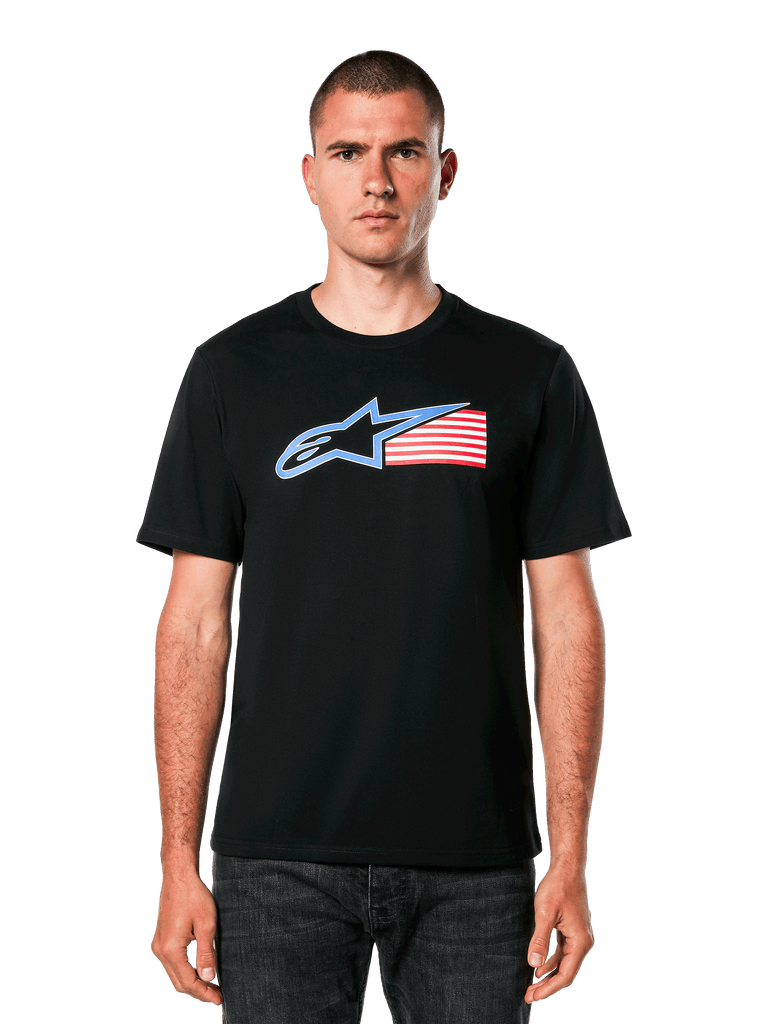 Alpinestars Racing USA CSF Tee, Black T-shirt with Blue, White and Red Logo, Motorsports Casual Wear, Cotton Graphic Tee with American Flag-Inspired Star Design