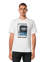 Alpinestars Galun CSF Tee, Short Sleeve White T-Shirt, Blue and Black Vintage Gas Can Graphic with Astars Logo and Roman Numeral MCMLXIII, Casual Motorsport Streetwear
