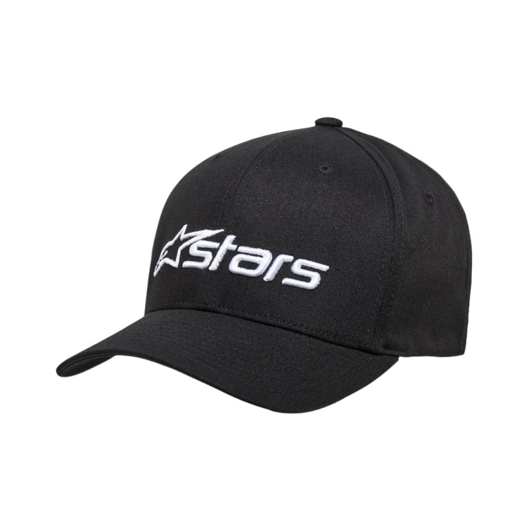 Alpinestars Blaze 2.0 Hat, structured baseball cap, black, white embroidered logo on the front, curved bill, stretch twill fabric, casual motorsport headwear