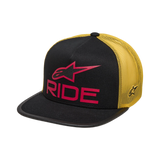 Alpinestars Ride 4.0 Trucker Hat, Snapback Cap, Black and Yellow with Red Logo, flat bill with structured crown, yellow poly mesh back, 3D Ride 4.0 branding and side star embroidery, casual motorsport-inspired headwear