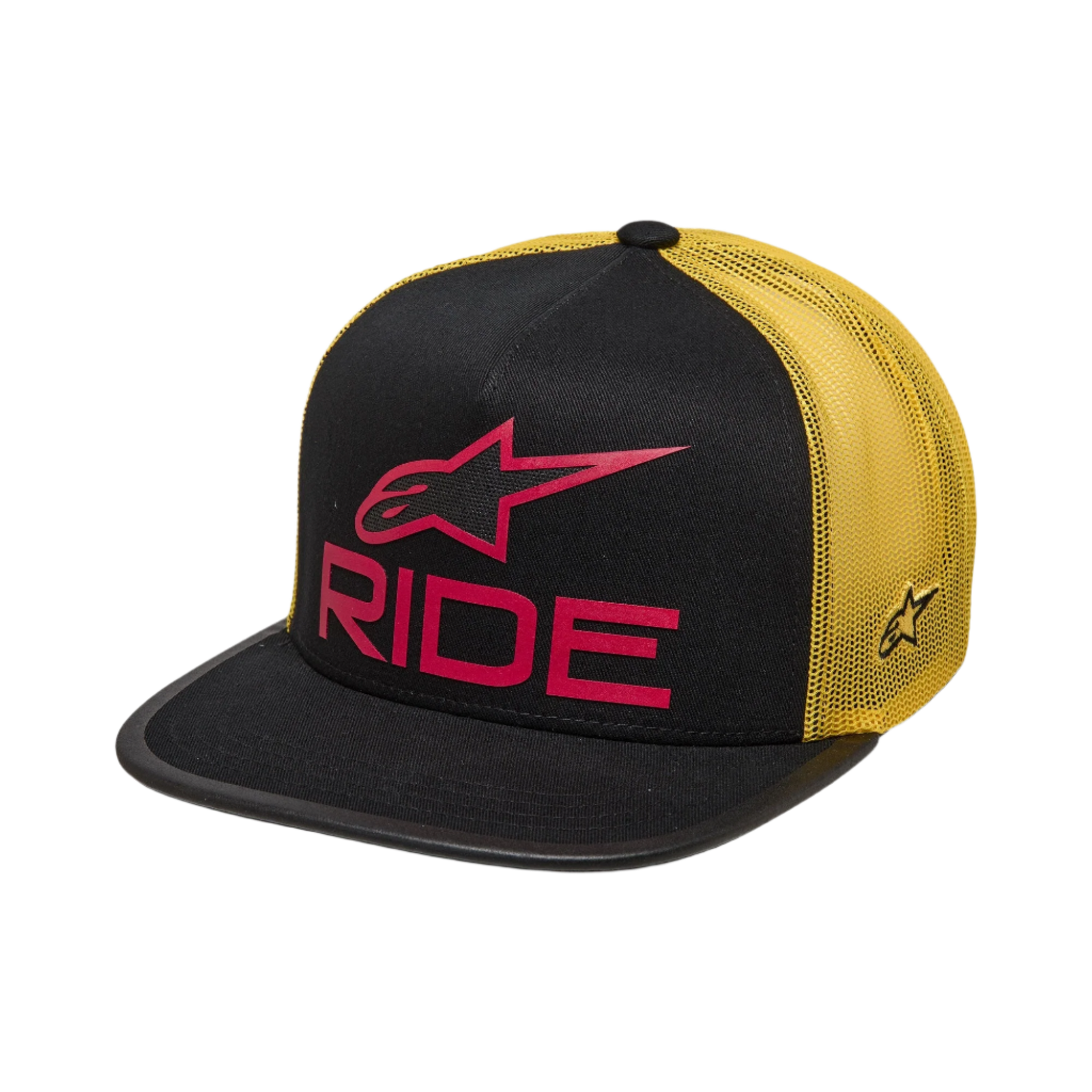 Alpinestars Ride 4.0 Trucker Hat, Snapback Cap, Black and Yellow with Red Logo, flat bill with structured crown, yellow poly mesh back, 3D Ride 4.0 branding and side star embroidery, casual motorsport-inspired headwear