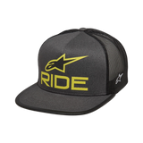 Alpinestars Ride 4.0 Trucker Hat, Charcoal and Black, Lime Yellow 3D Ride Logo, Flat bill with mesh back, Side Ageless embroidery, Casual Motorsport Streetwear