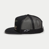Alpinestars Ride 4.0 Camo Trucker Hat, Black, side profile view, featuring twill front and poly mesh back, white embroidered logo on the side, flat bill with camo print edge, casual motorsport-inspired headwear