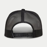 Alpinestars Ride 4.0 Camo Trucker Hat, Black, back view showing breathable mesh crown and adjustable plastic snapback strap with small logo tag, casual motorsport-inspired headwear.