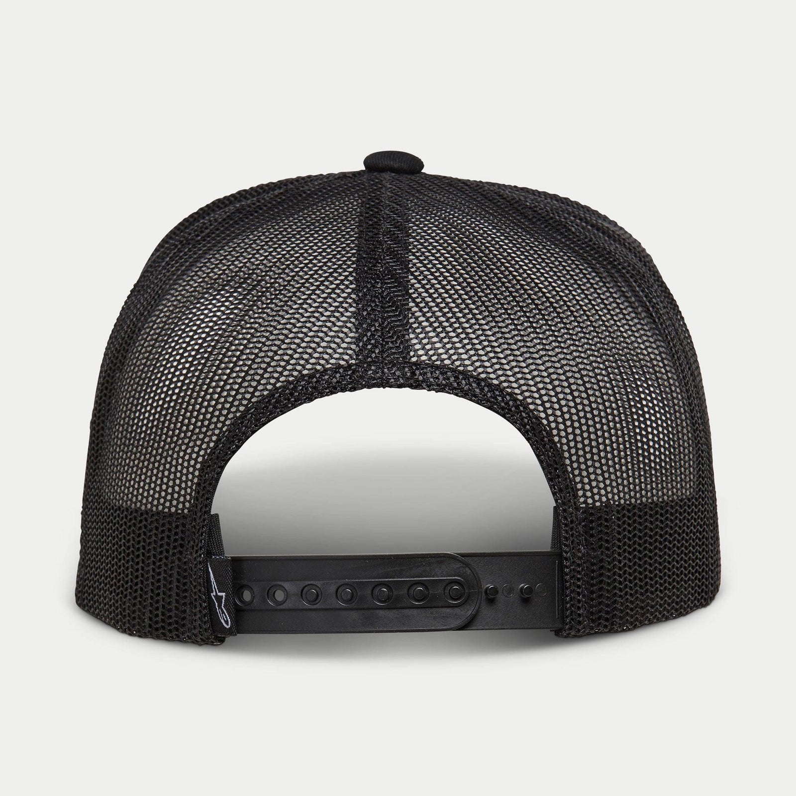Alpinestars Ride 4.0 Camo Trucker Hat, Black, back view showing breathable mesh crown and adjustable plastic snapback strap with small logo tag, casual motorsport-inspired headwear.