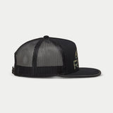 Alpinestars Ride 4.0 Camo Trucker Hat, Black, side profile view featuring breathable mesh back and flat bill, twill front with camo logo print, adjustable snapback design, casual motorsport headwear