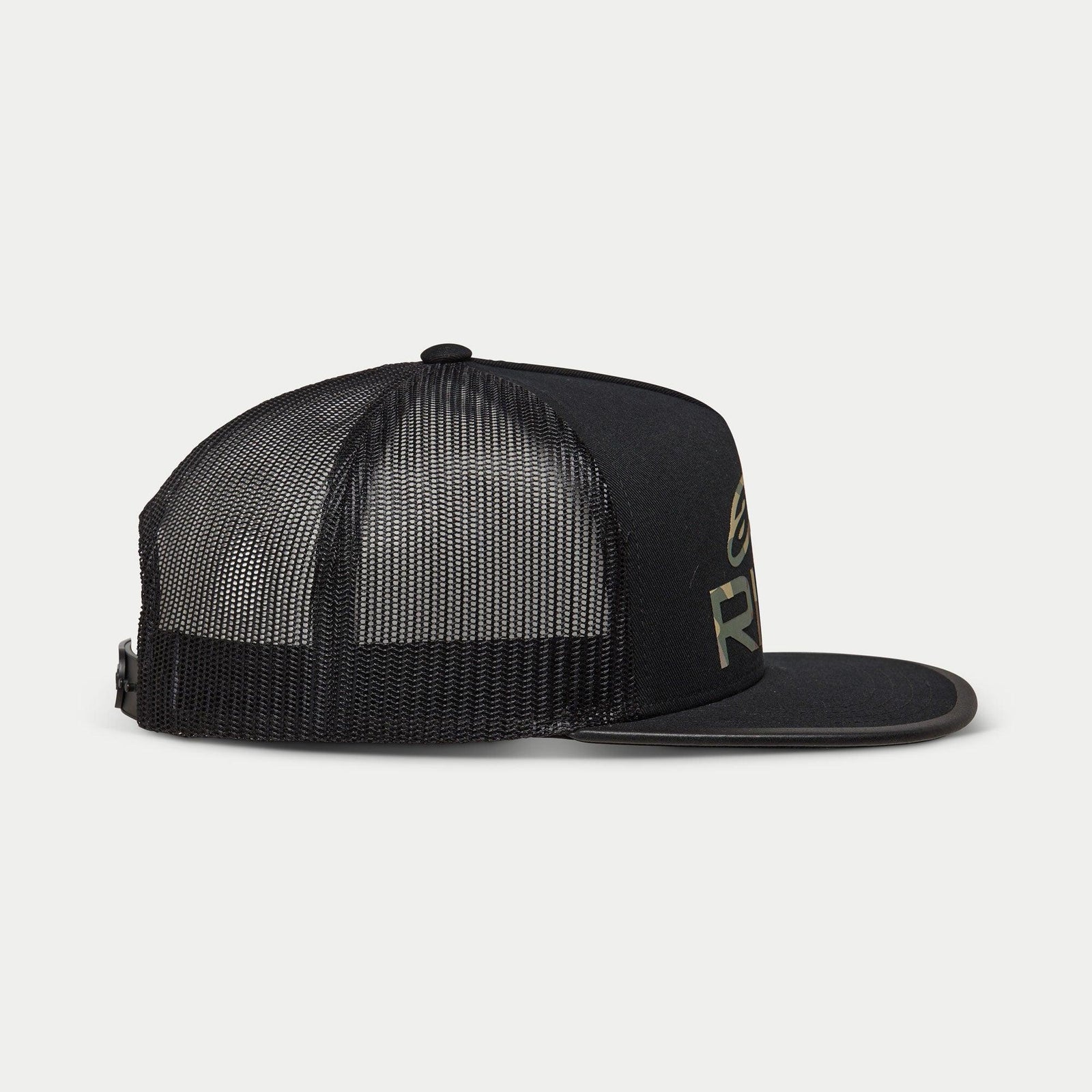 Alpinestars Ride 4.0 Camo Trucker Hat, Black, side profile view featuring breathable mesh back and flat bill, twill front with camo logo print, adjustable snapback design, casual motorsport headwear