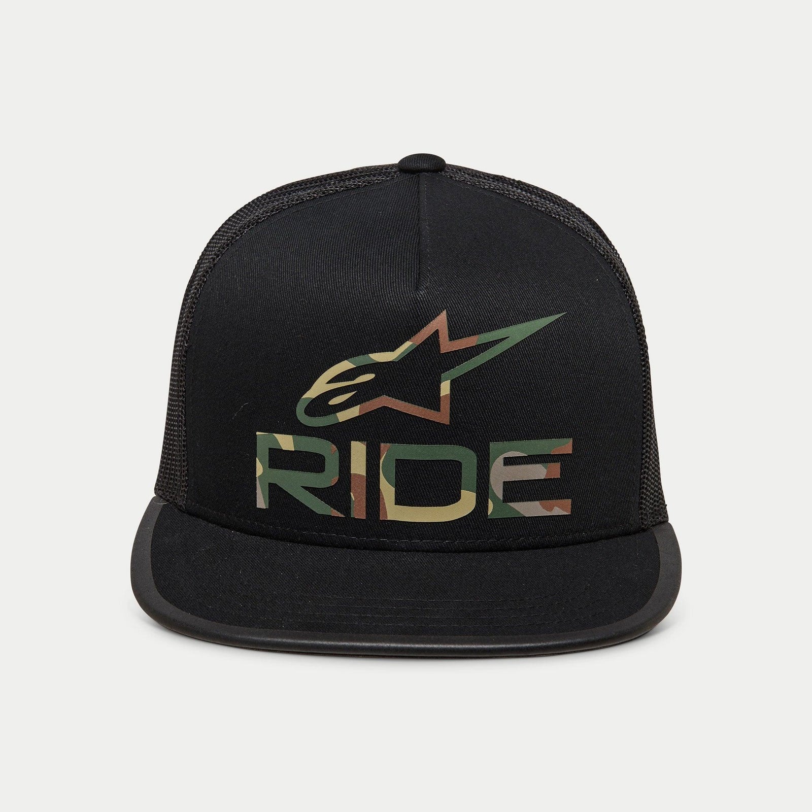 Alpinestars Ride 4.0 Camo Trucker Hat, Black trucker-style snapback hat, featuring camo-patterned logo and 'RIDE' text on a structured crown, flat bill, breathable black mesh back, casual motorsport-inspired design