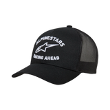 Alpinestars Triple Trucker Hat, Black trucker cap with curved bill and mesh back, white 3D lock-up embroidery featuring 'Alpinestars Racing Ahead' and logo, casual motorsport-inspired headwear