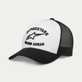 Alpinestars Triple Trucker Hat, Casual Trucker Cap, White and Black, 3D black embroidery with star logo and 'Racing Ahead' text, curved bill with mesh back, Sportswear Streetwear