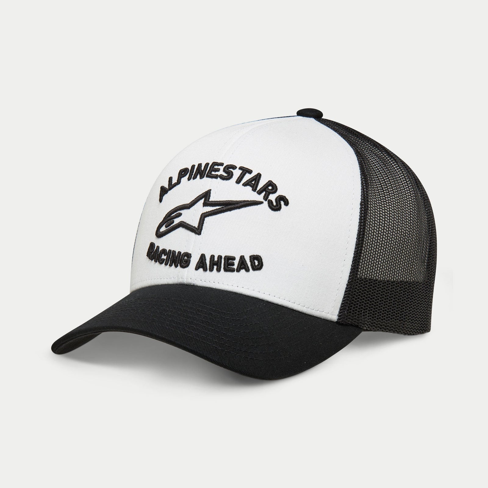 Alpinestars Triple Trucker Hat, Casual Trucker Cap, White and Black, 3D black embroidery with star logo and 'Racing Ahead' text, curved bill with mesh back, Sportswear Streetwear