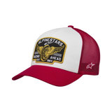 Alpinestars Heritage Patch Trucker Hat, casual snapback cap, White front panel with Red curved bill and mesh back, featuring a large embroidered heritage patch on the front and a small side logo, structured crown, motorsport-inspired headwear
