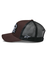 Alpinestars Heritage Patch Trucker Hat, Brown and Black, side view showing brown twill front and black mesh back, white side Ageless logo patch, structured crown and curved bill