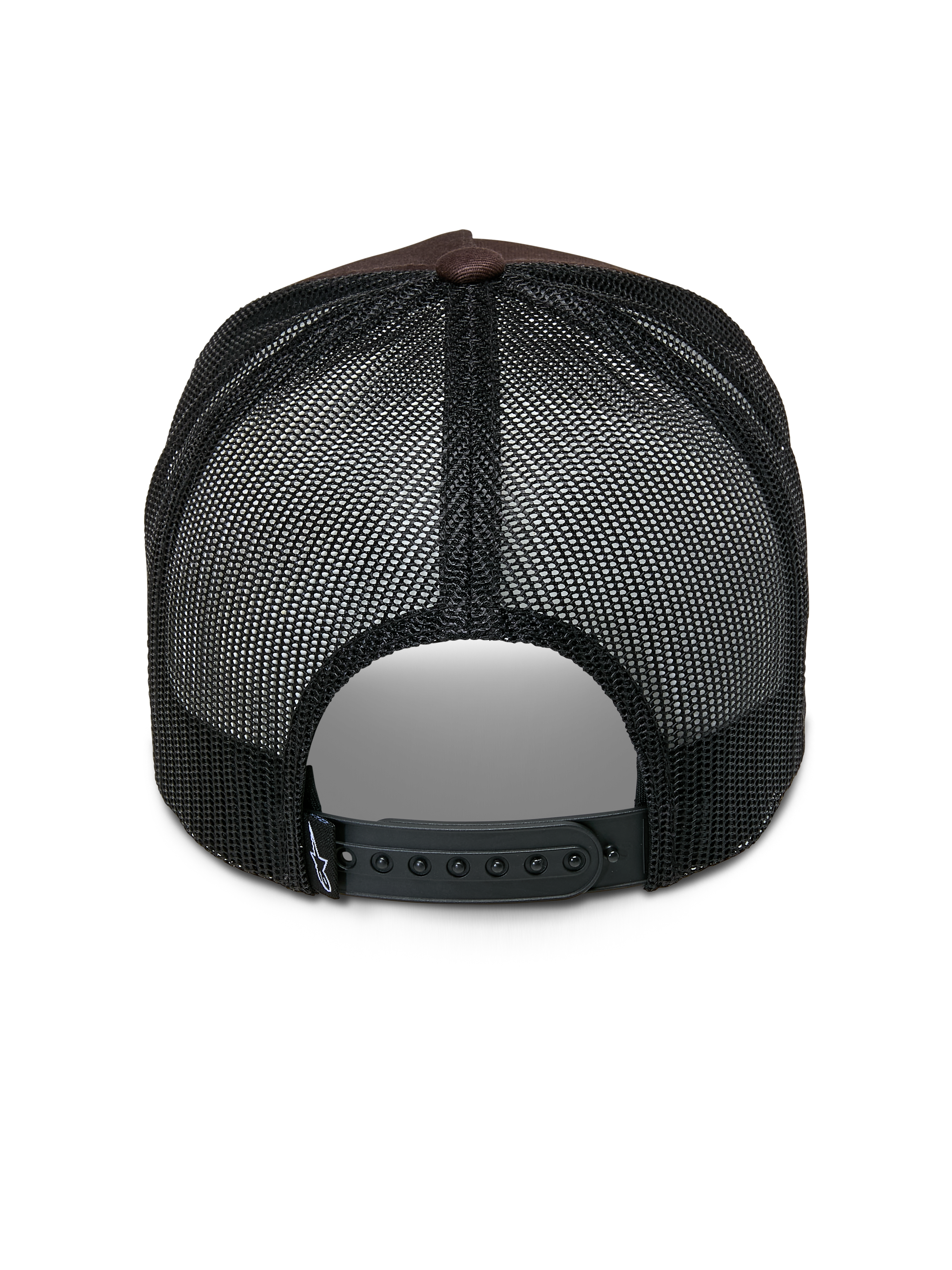 Alpinestars Heritage Patch Trucker Hat, Trucker Hat, Brown and Black, back view showing black mesh panels, adjustable snapback closure, and small white logo detail on the strap