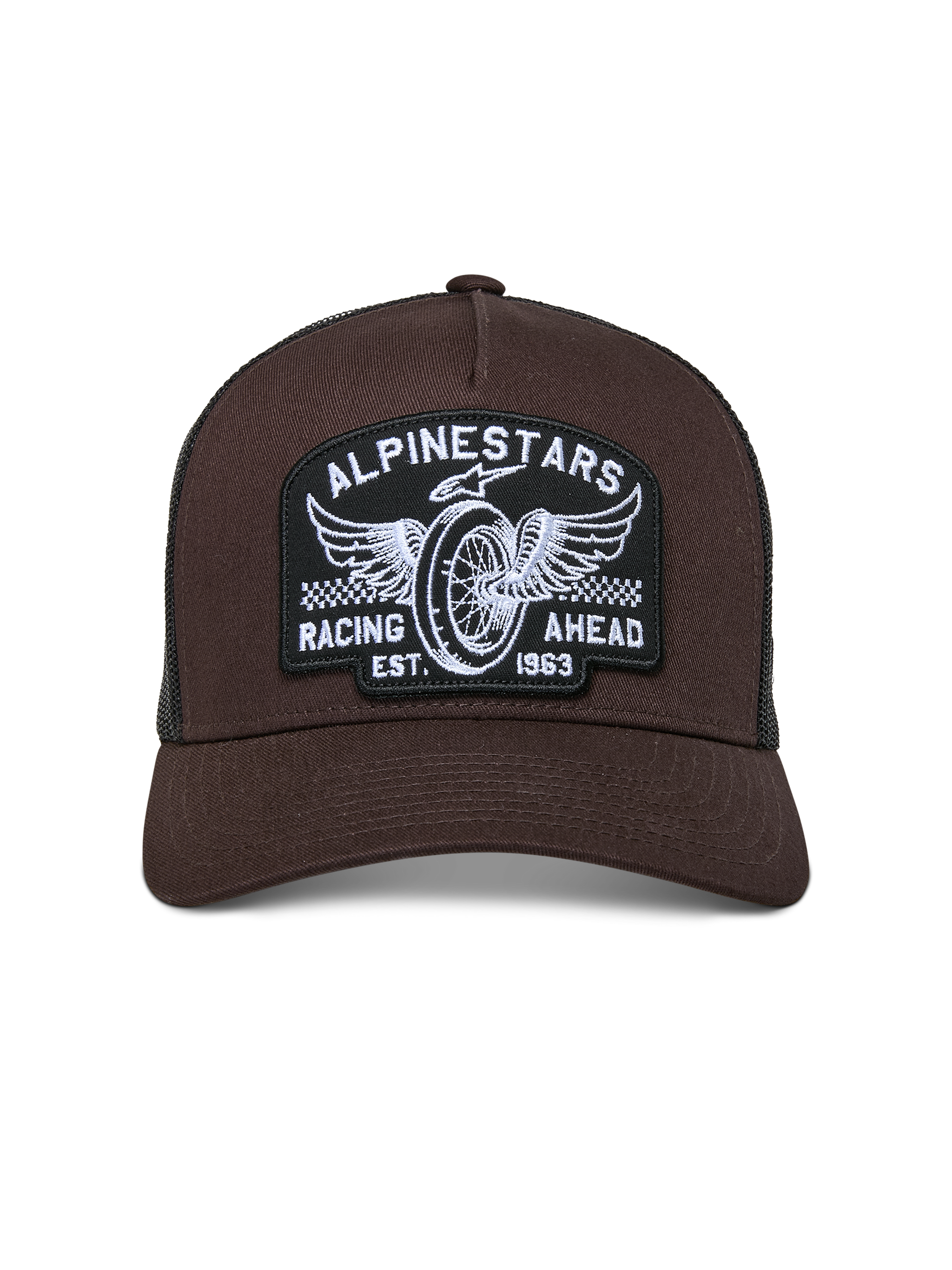 Alpinestars Heritage Patch Trucker Hat, Brown front with Black mesh back, curved bill and structured crown, large embroidered patch with winged wheel and "Racing Ahead" graphic, casual motorsport-inspired headwear