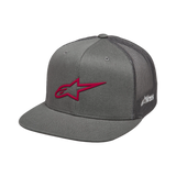 Alpinestars 3D Ageless Trucker Hat, Grey and Red, flat bill with structured crown, twill front and mesh back, featuring a bold red 3D embroidered logo on the front and white branding on the side, casual motorsport headwear