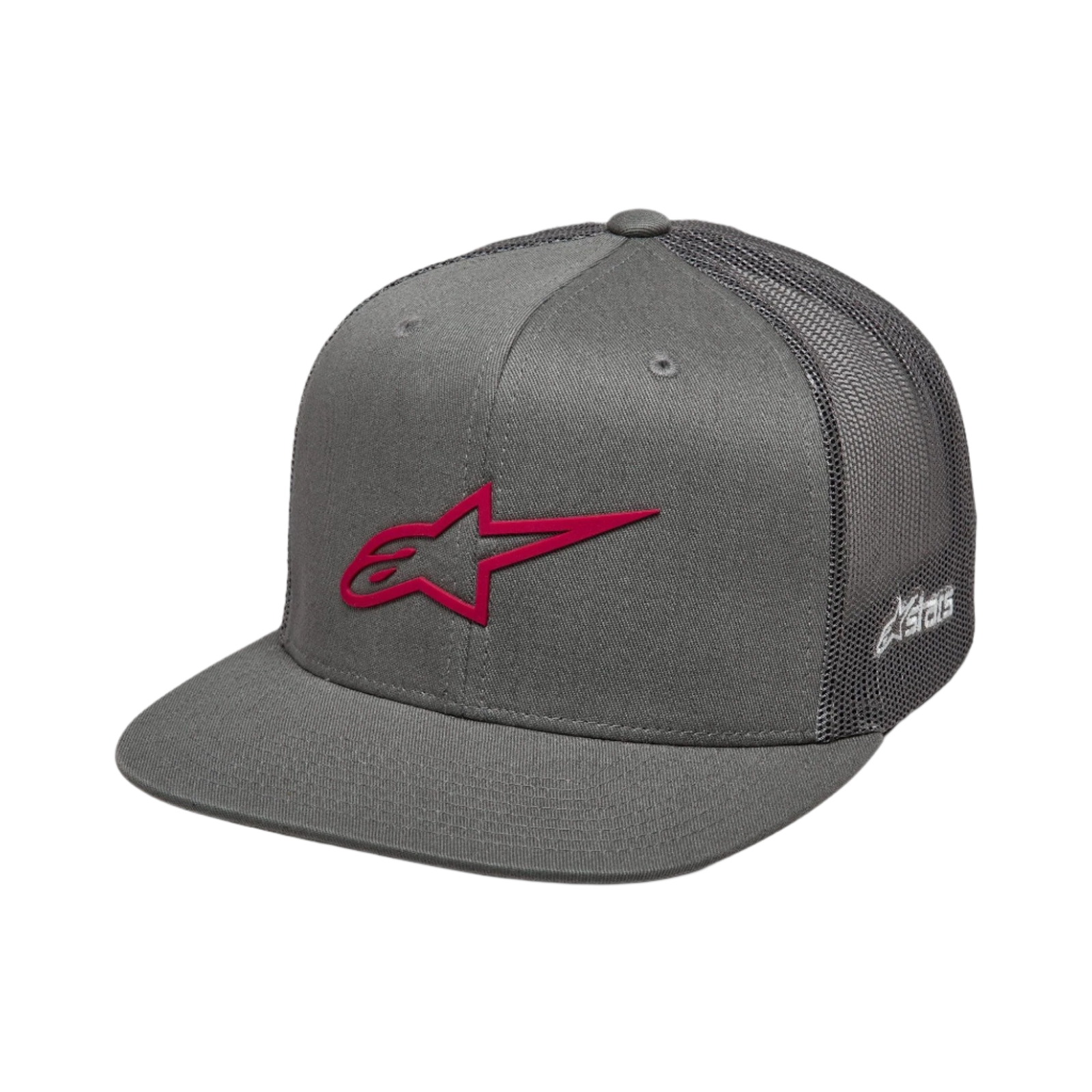 Alpinestars 3D Ageless Trucker Hat, Grey and Red, flat bill with structured crown, twill front and mesh back, featuring a bold red 3D embroidered logo on the front and white branding on the side, casual motorsport headwear