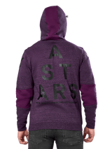 Alpinestars Perpetuate Hoodie, Purple heathered pullover fleece, back view featuring large black 'ASTARS' graphic and 'NEW INNOVATION TO PROTECT OUR FUTURE' text, solid purple fabric blocking on sleeves and hood, casual motorsport-inspired design
