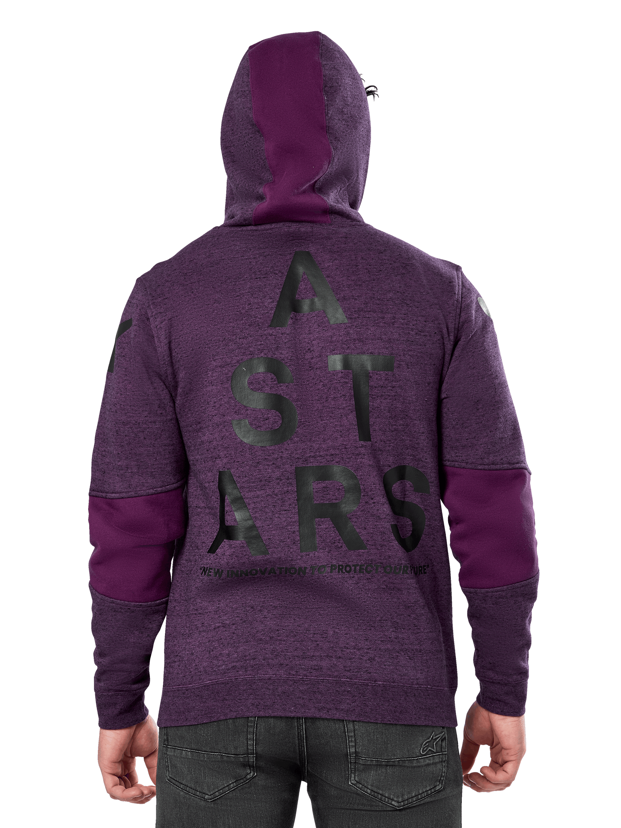 Alpinestars Perpetuate Hoodie, Purple heathered pullover fleece, back view featuring large black 'ASTARS' graphic and 'NEW INNOVATION TO PROTECT OUR FUTURE' text, solid purple fabric blocking on sleeves and hood, casual motorsport-inspired design