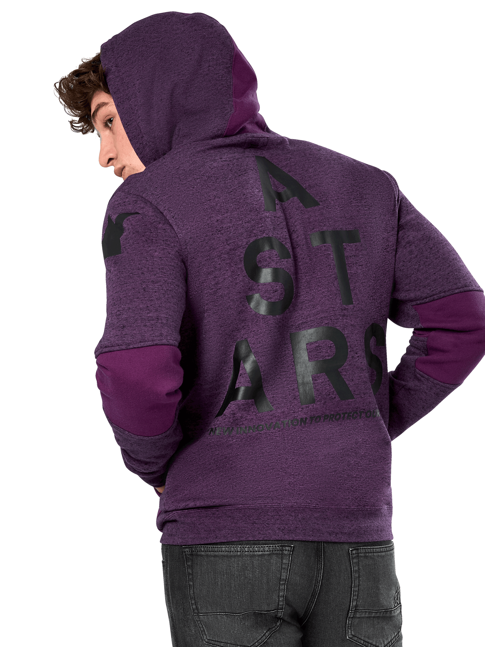 Alpinestars Perpetuate Hoodie, Purple heather fleece, back view featuring large black 'A STARS' graphic and darker purple fabric blocking on elbows and hood, casual motorsport-inspired streetwear