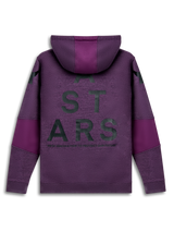 Alpinestars Perpetuate Hoodie, purple sportswear pullover hoodie, back view showing back type graphic and fabric blocking details
